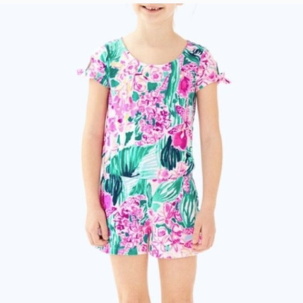 Lilly Pulitzer Girls Camryn Romper in Via Flora Size Large (8-10)